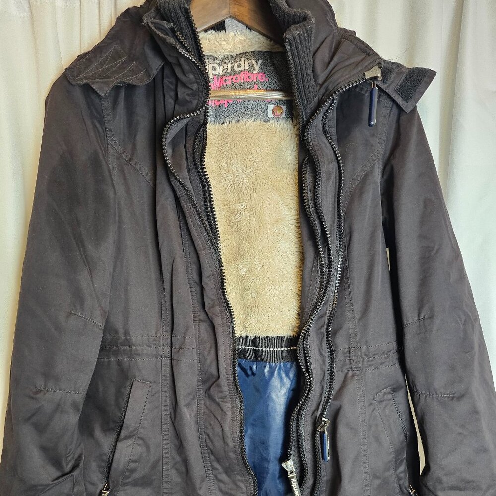 Superdry Coat Black Womens Size L Multiple Zippers Very Warm